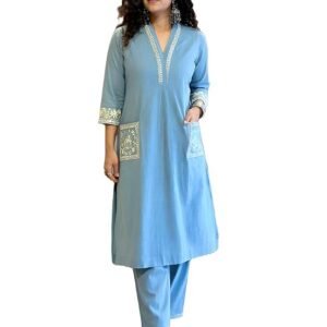 Embroidered Pockets & Sleeves Cotton Kurta Set for Women's